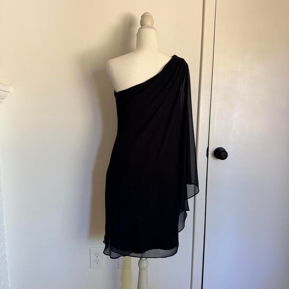 Ralph Lauren silk navy one shoulder mini dress with sheer cape - Picture 3 of 7